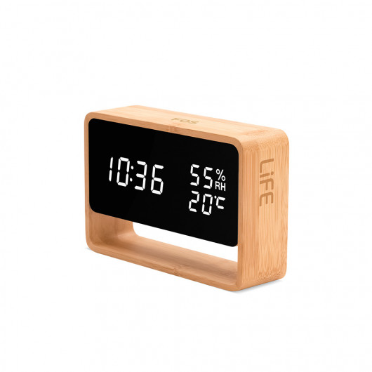 LIFE FOS BAMBOO THERMOMETER/HYGROMETER WITH CLOCK, ALARM AND LED DIGITS
