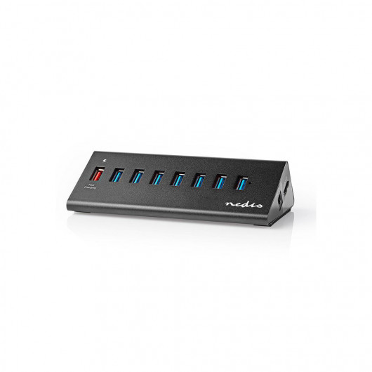 NEDIS UHUBUP3810BK USB 30 Hub 7 θυρών + 1 θύρα QC30 με τροφοδοτικό, σε μαύρο χρώμα