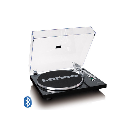 LENCO LBT-215BKRecord player with Bluetooth and a metal platter, tonearm, and counterweight in exclusive piano black finish.