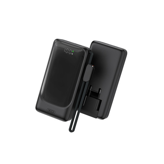 XO PR28210.000mAh Power Bank with 2 USB ports (1x USB-A, 1x USB-C), EU plug, and built-in USB type-C cable